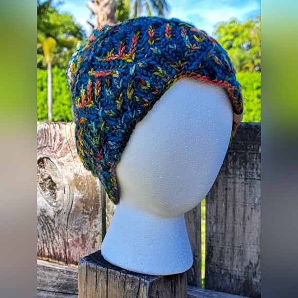 Knit Hat Warm Hand Dyed Soft Wool Green Multicolor Striped Brioche Stocking Cap - Picture 9 of 13